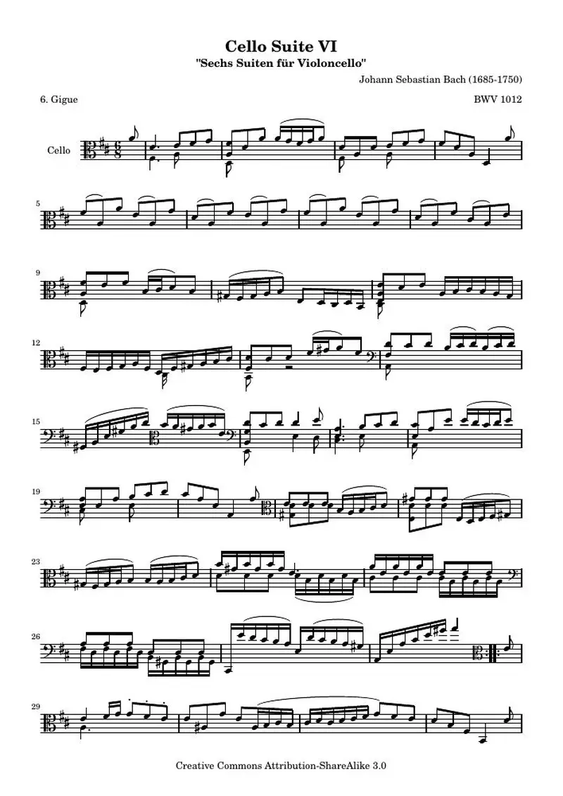 Первая страница нот «Cello Сюита VI - BWV 1012 - Жига (BWV 1012)»