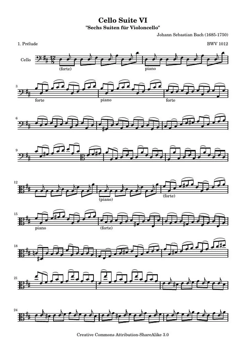 Первая страница нот «Cello Сюита VI - BWV 1012 - Прелюдия (BWV 1012)»