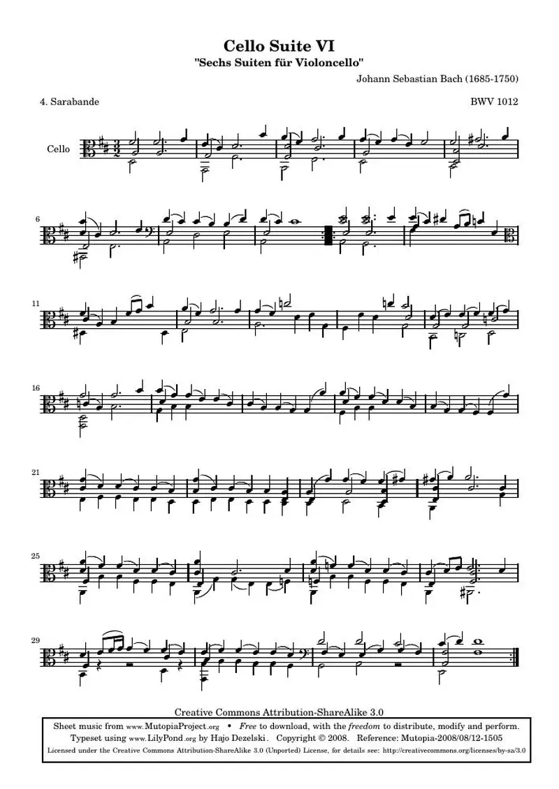 Первая страница нот «Cello Сюита VI - BWV 1012 - Сарабанда (BWV 1012)»