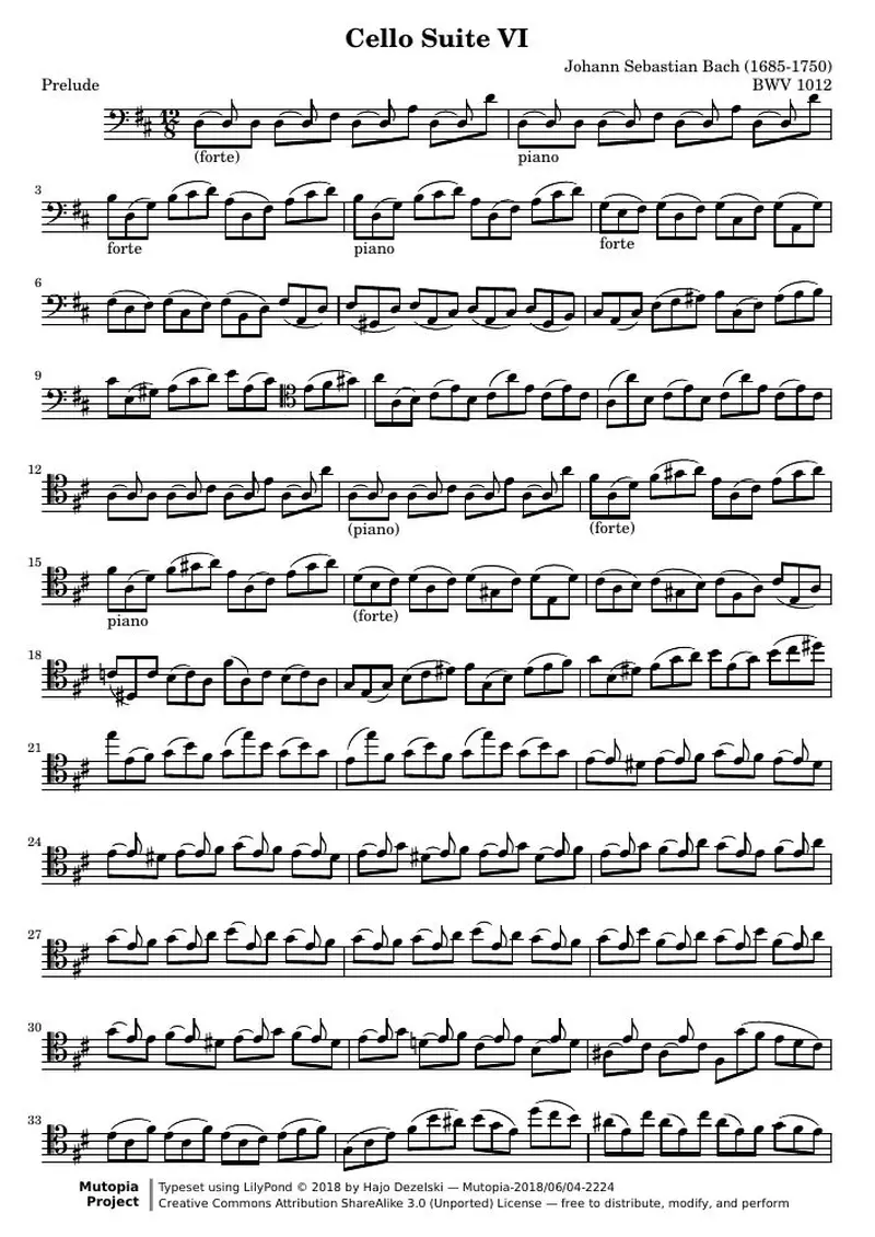 Первая страница нот «Cello Сюита VI - BWV 1012 (Transposed) (BWV 1012)»