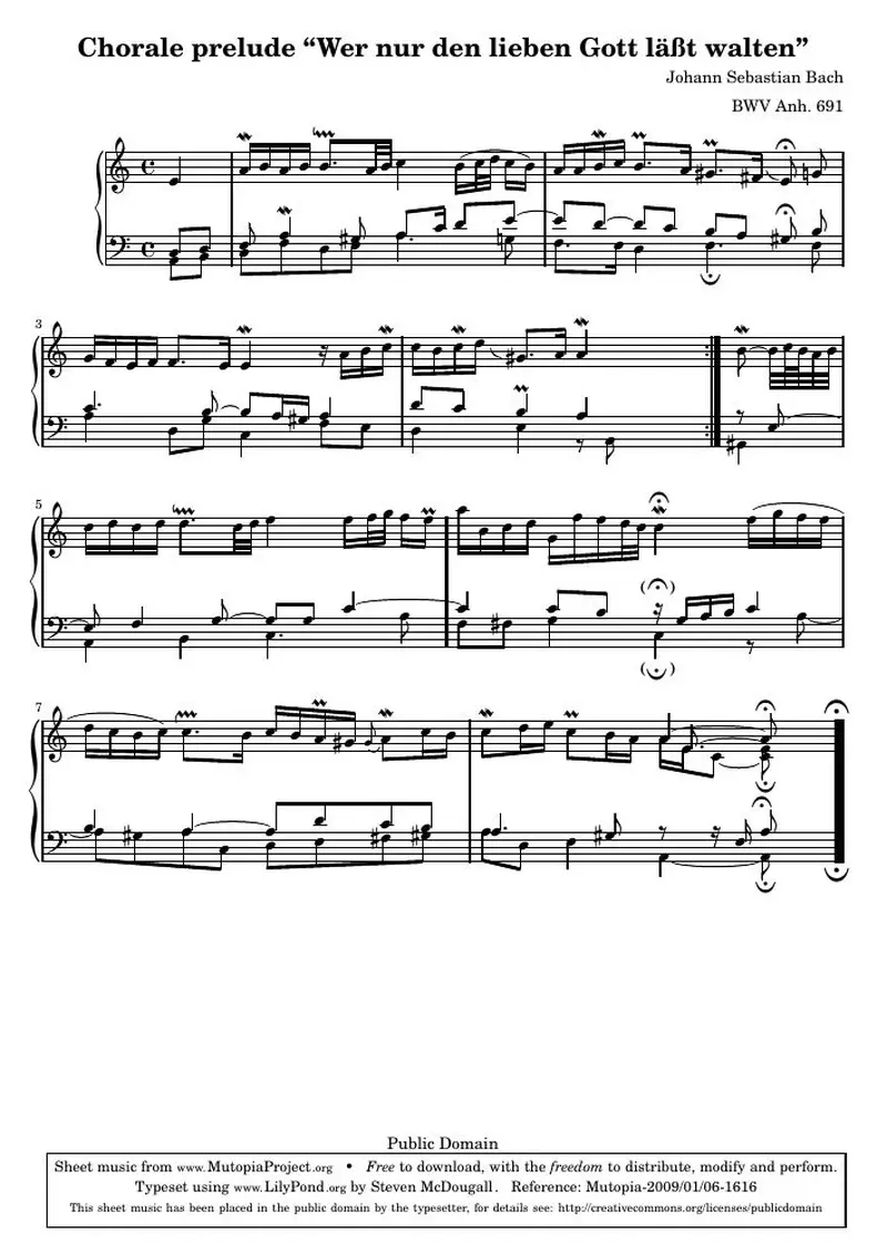 Первая страница нот «Chorale Прелюдия “Wer nur den lieben Gott läßt walten” (BWV Anh. 691)»