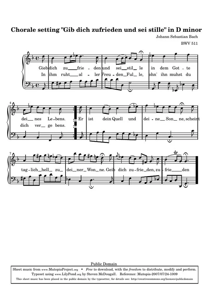 Первая страница нот «Chorale setting "Gib dich zufrieden und sei stille" D минор»
