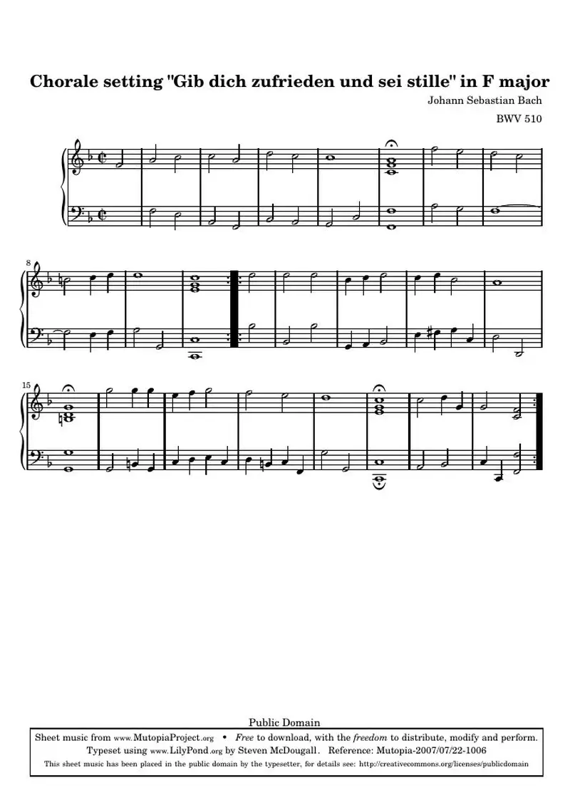 Первая страница нот «Chorale setting "Gib dich zufrieden und sei stille" F major»