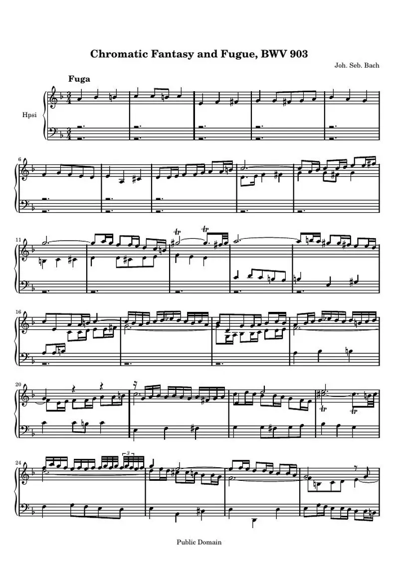 Первая страница нот «Chromatic Фантазия and Фуга, BWV 903 (Фуга) (BWV 903)»