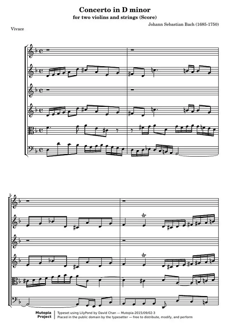 Первая страница нот «Концерт D минор for two violins and strings (BWV 1043) — score»