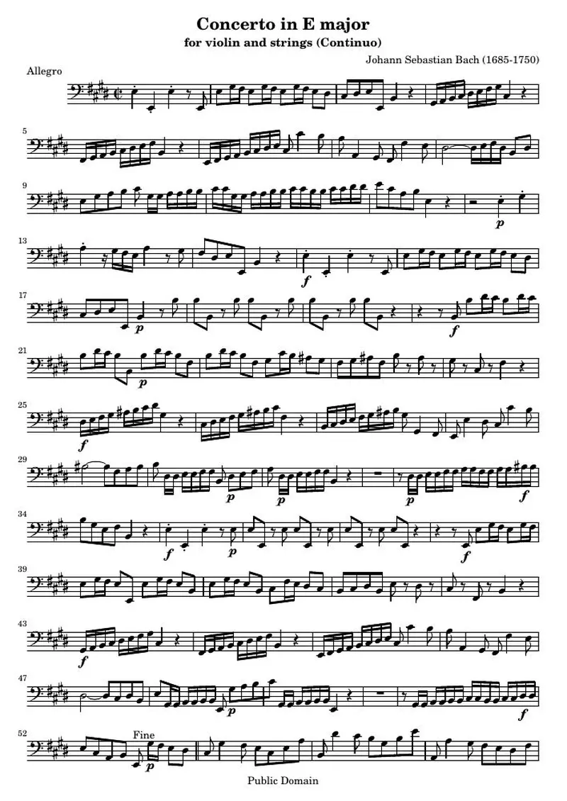 Первая страница нот «Концерт E major for violin and strings (BWV 1042) — continuo»