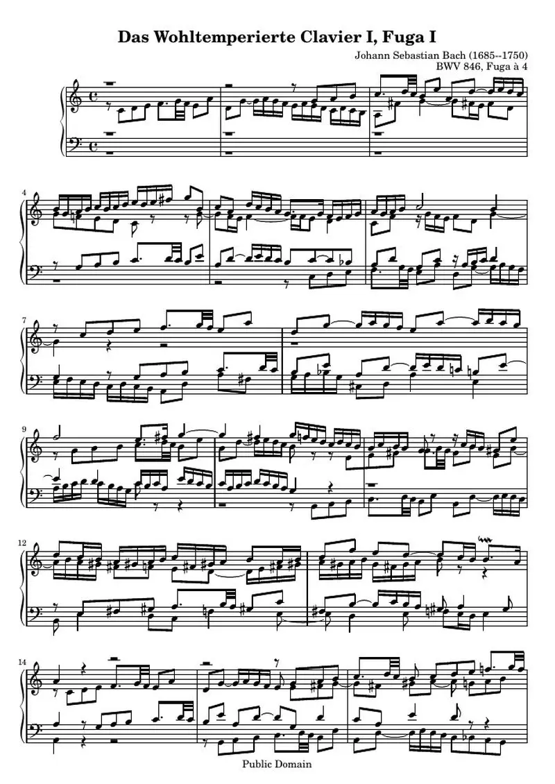 Первая страница нот «Das Wohltemperierte Clavier I, Fuga I»