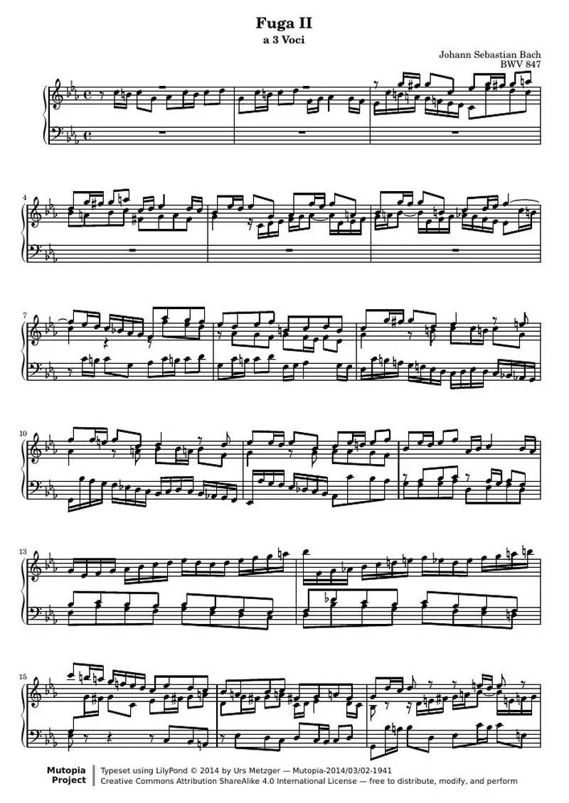 Первая страница нот «Das Wohltemperierte Clavier I, Fuga II»