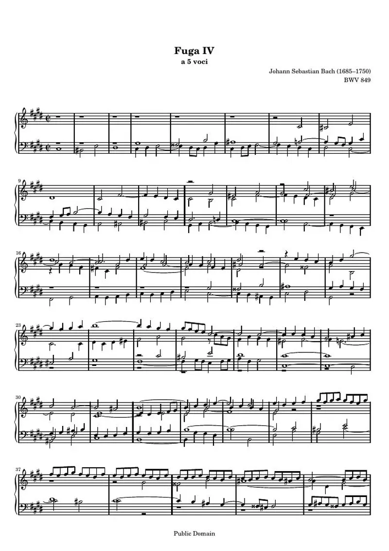 Первая страница нот «Das Wohltemperierte Clavier I, Fuga IV»
