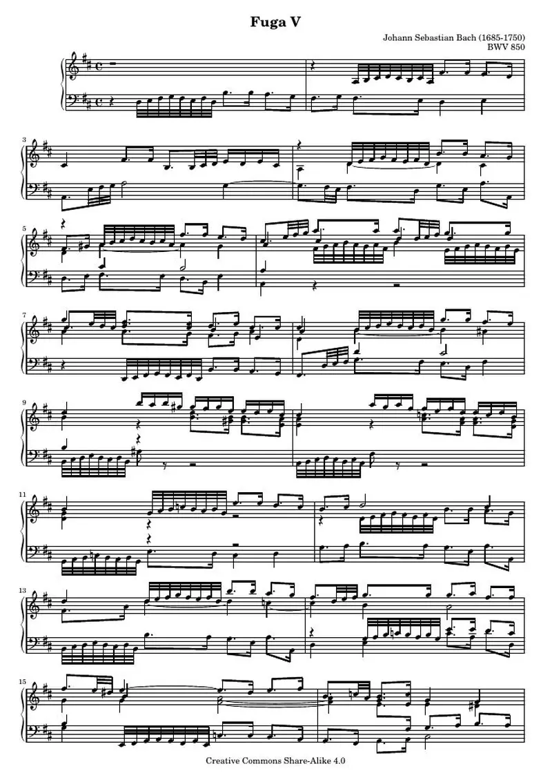 Первая страница нот «Das Wohltemperierte Clavier I, Fuga V»