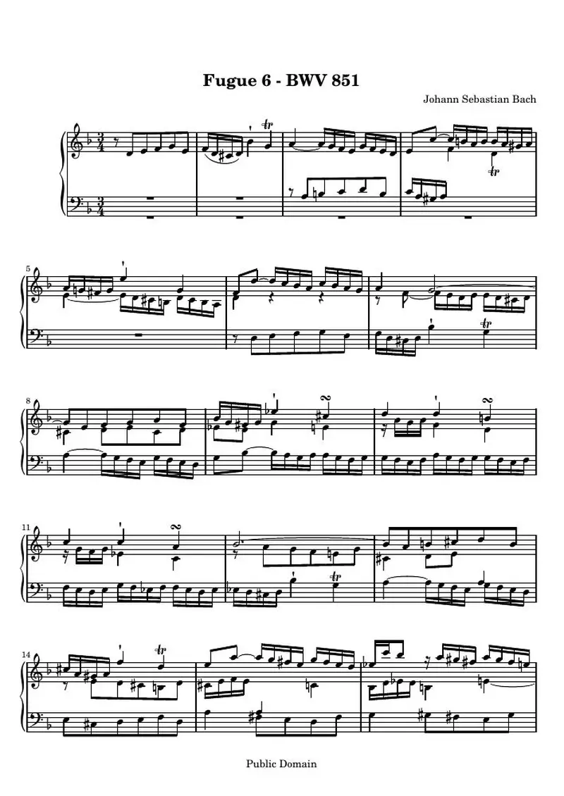 Первая страница нот «Das Wohltemperierte Clavier I, Fuga VI»