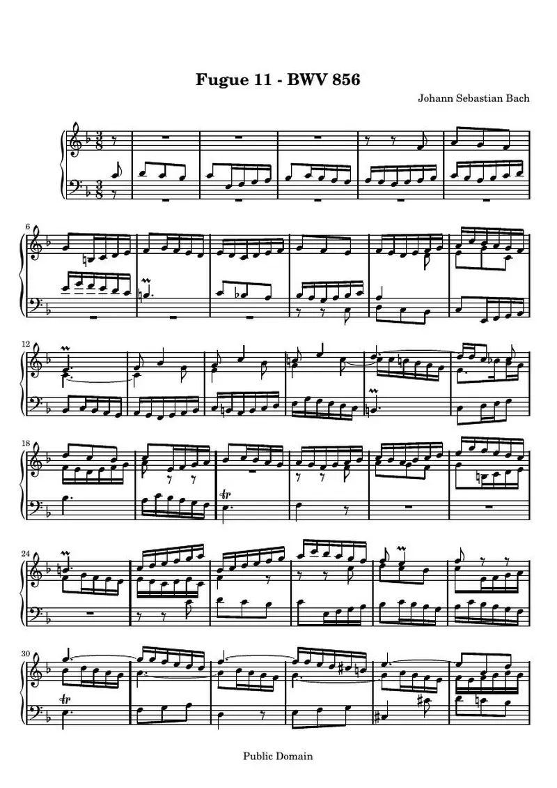 Первая страница нот «Das Wohltemperierte Clavier I, Fuga XI»