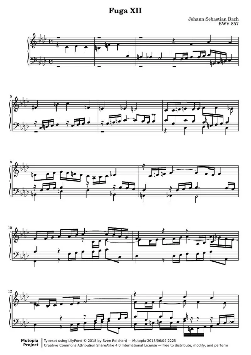 Первая страница нот «Das Wohltemperierte Clavier I, Fuga XII»