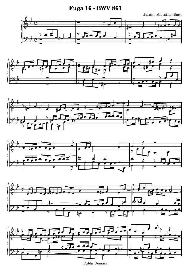 Первая страница нот «Das Wohltemperierte Clavier I, Fuga XVI (BWV 861)»
