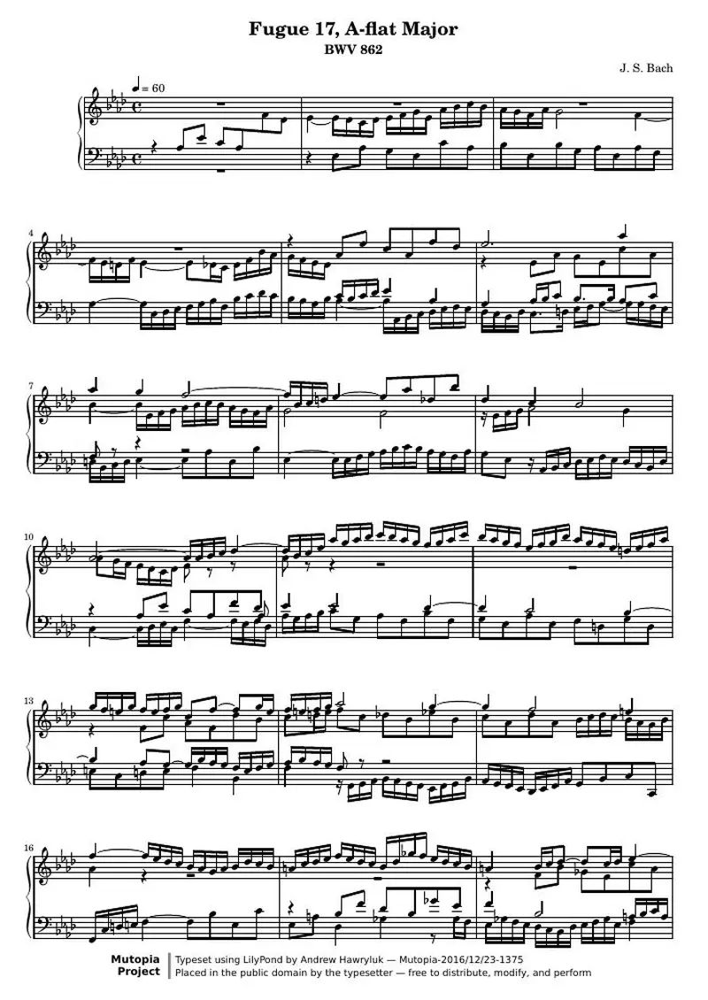 Первая страница нот «Das Wohltemperierte Clavier I, Fuga XVII (BWV 862)»