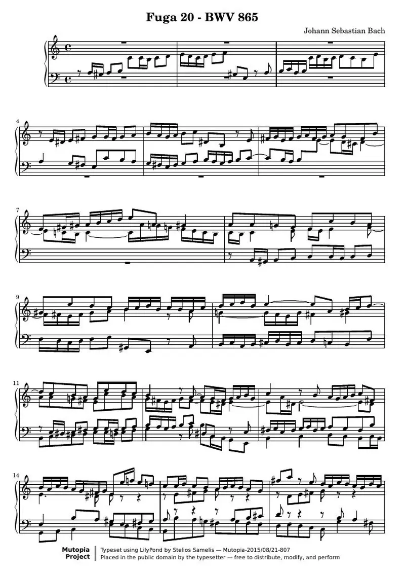 Первая страница нот «Das Wohltemperierte Clavier I, Fuga XX (BWV 865)»