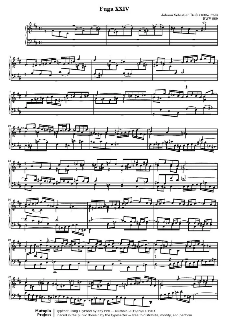 Первая страница нот «Das Wohltemperierte Clavier I, Fuga XXIV (BWV 869)»