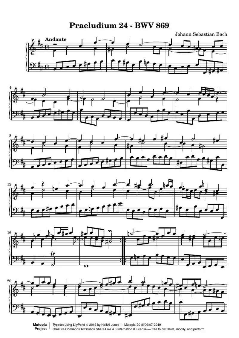 Первая страница нот «Das Wohltemperierte Clavier I, Praeludium 24 (BWV 869)»