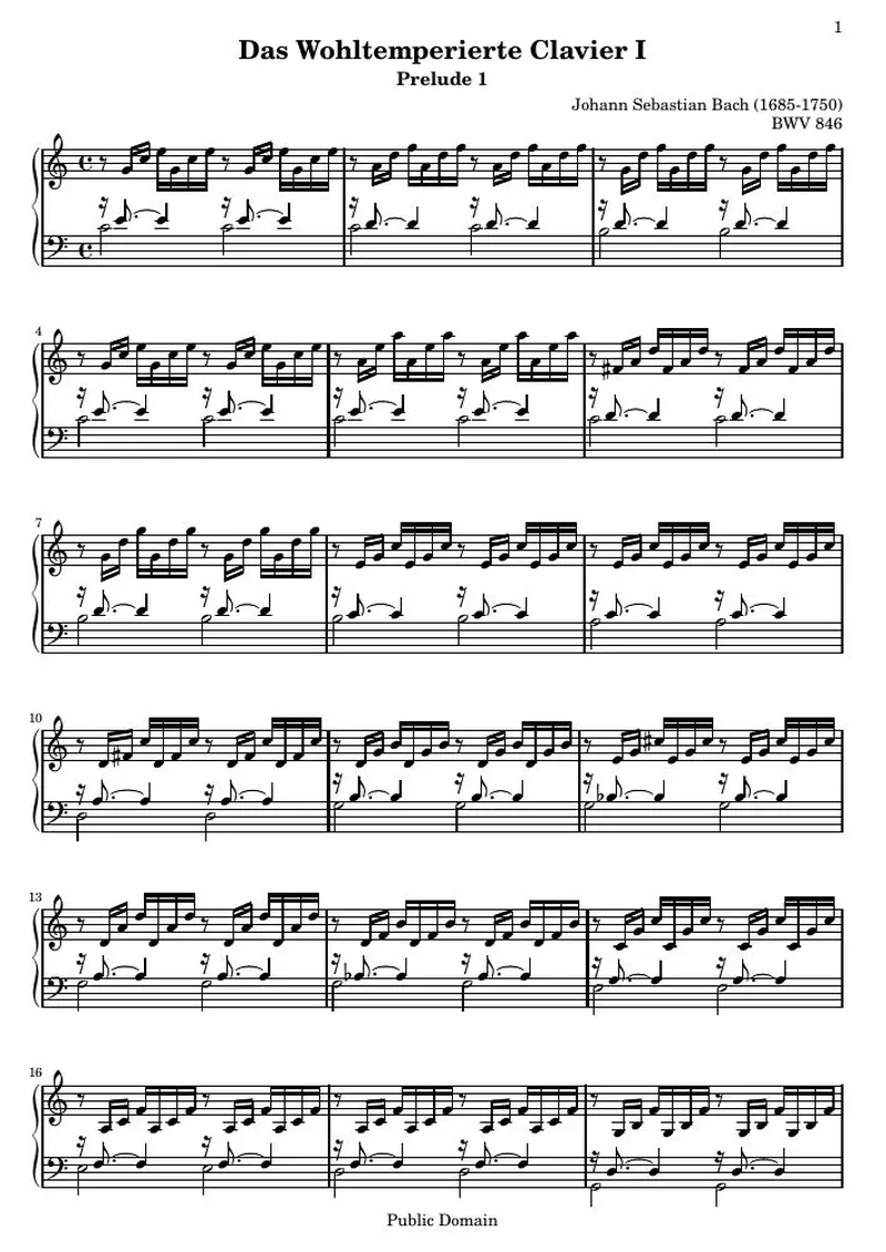 Первая страница нот «Das Wohltemperierte Clavier I, Praeludium I»