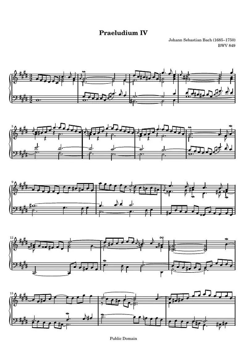 Первая страница нот «Das Wohltemperierte Clavier I, Praeludium IV»