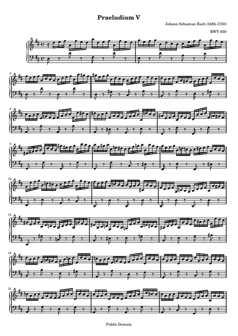 Первая страница нот «Das Wohltemperierte Clavier I, Praeludium V»