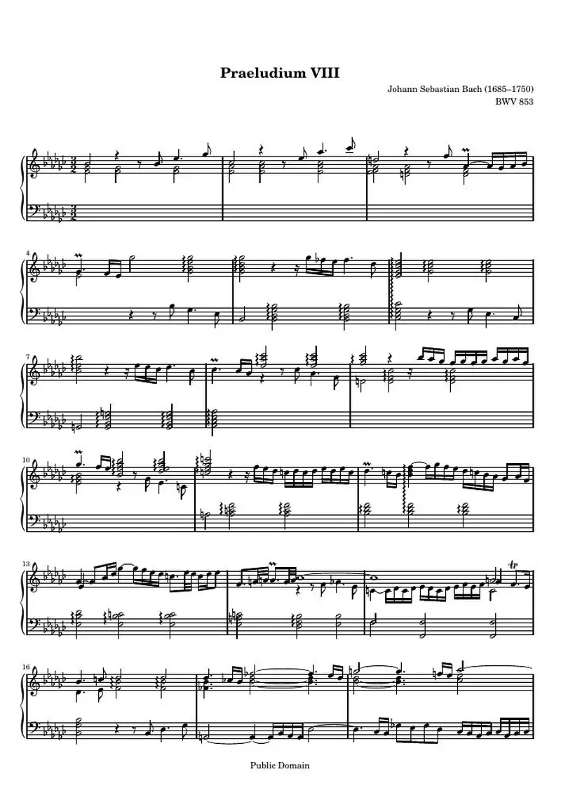 Первая страница нот «Das Wohltemperierte Clavier I, Praeludium VIII»