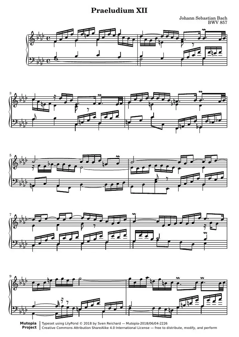 Первая страница нот «Das Wohltemperierte Clavier I, Praeludium XII (BWV 857)»