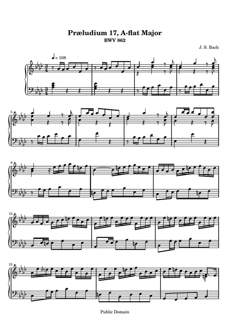 Первая страница нот «Das Wohltemperierte Clavier I, Praeludium XVII (BWV 862)»