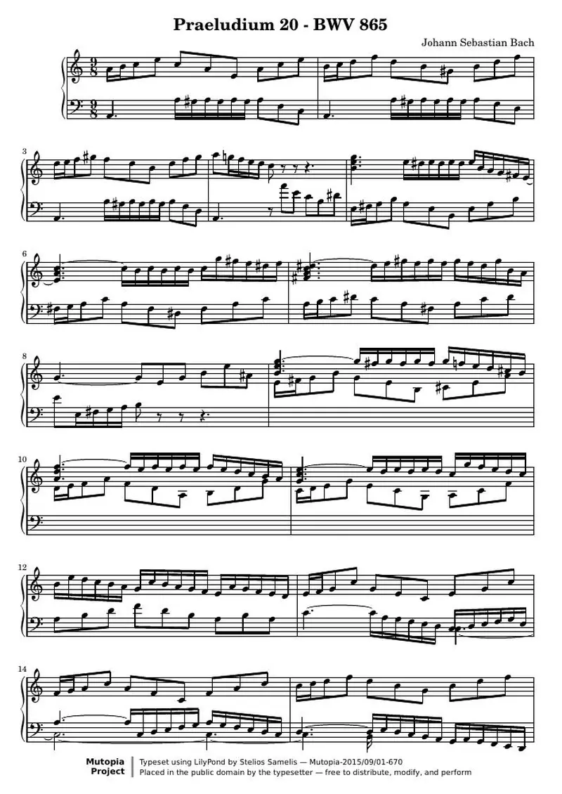 Первая страница нот «Das Wohltemperierte Clavier I, Praeludium XX (BWV 865)»
