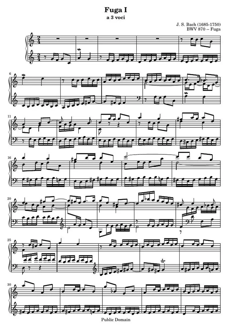 Первая страница нот «Das Wohltemperierte Clavier II, Fuga I (BWV 870)»