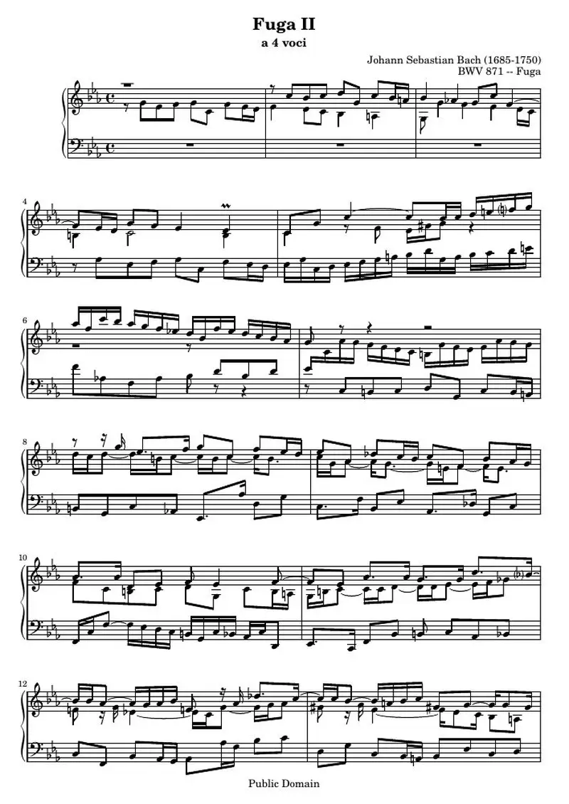 Первая страница нот «Das Wohltemperierte Clavier II, Fuga II (BWV 871)»