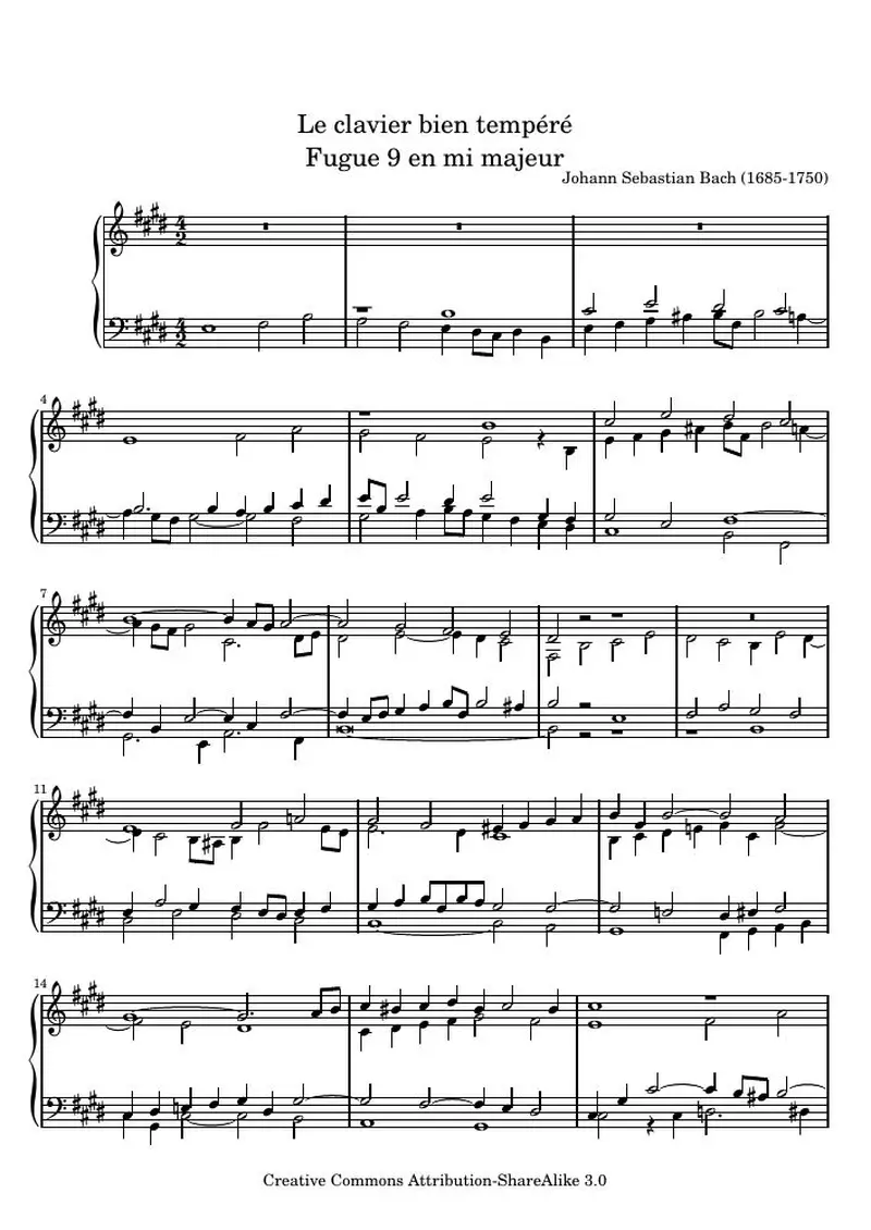 Первая страница нот «Das Wohltemperierte Clavier II, Fuga IX (BWV 878)»
