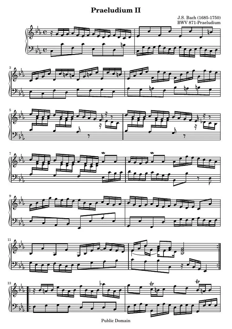 Первая страница нот «Das Wohltemperierte Clavier II, Praeludium II (BWV 871)»