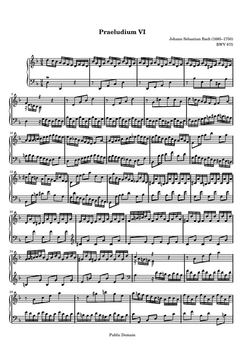 Первая страница нот «Das Wohltemperierte Clavier II, Praeludium VI (BWV 875)»