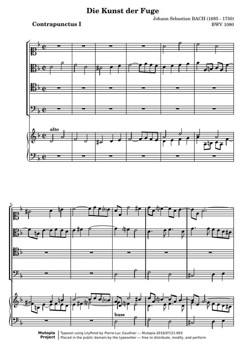 Первая страница нот «Die Kunst der Fuge, Contrapunctus I (BWV 1080)»
