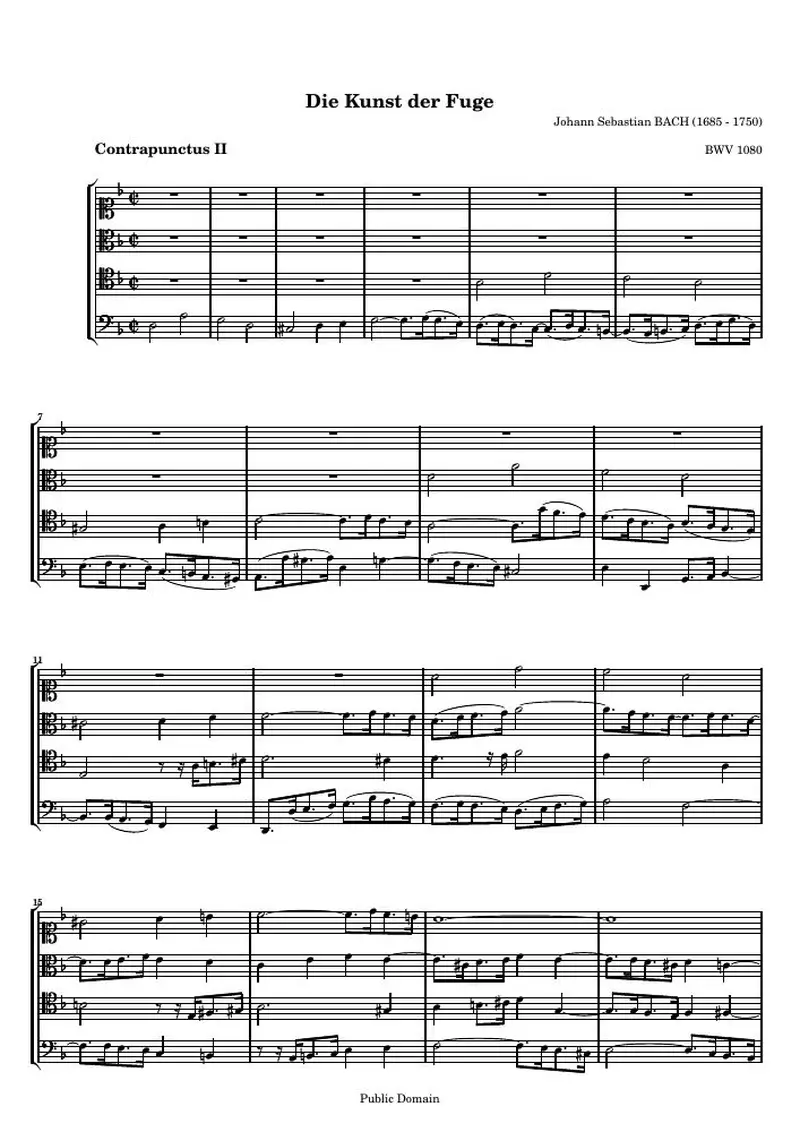 Первая страница нот «Die Kunst der Fuge, Contrapunctus II (BWV 1080)»