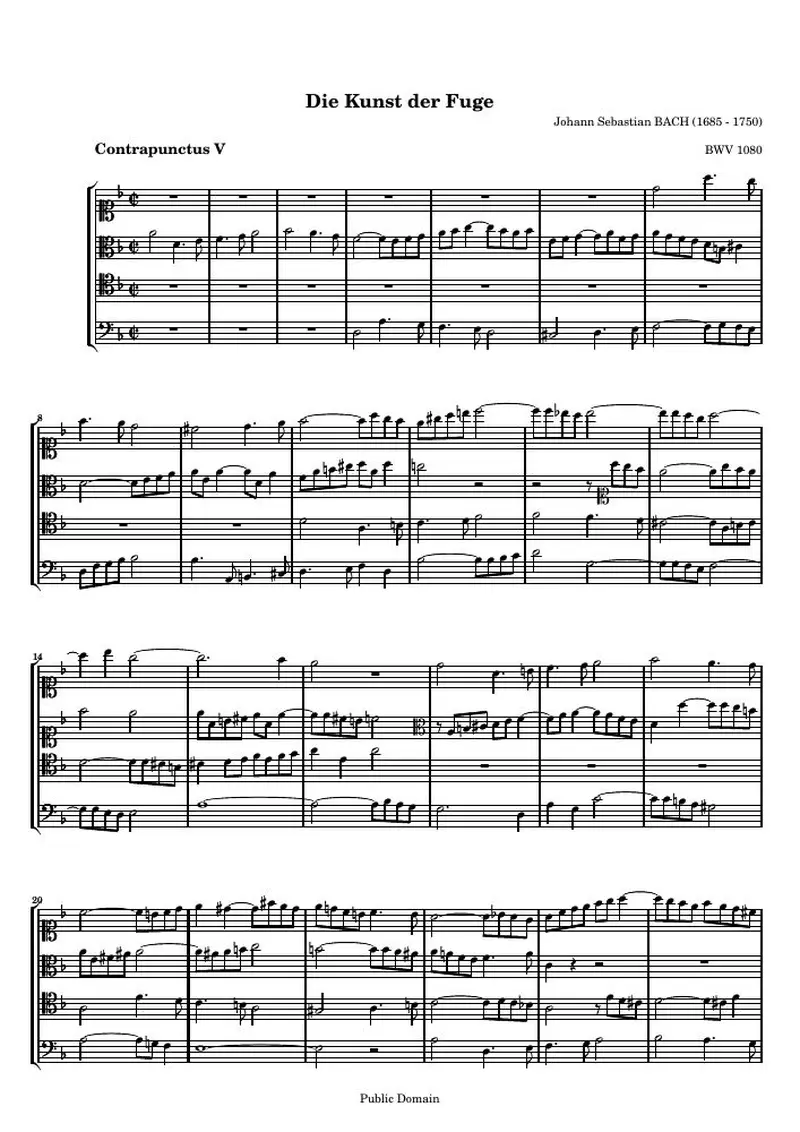 Первая страница нот «Die Kunst der Fuge, Contrapunctus V (BWV 1080)»