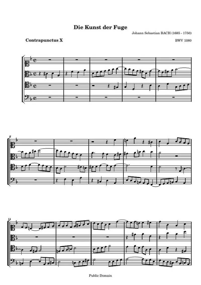 Первая страница нот «Die Kunst der Fuge, Contrapunctus X (BWV 1080)»
