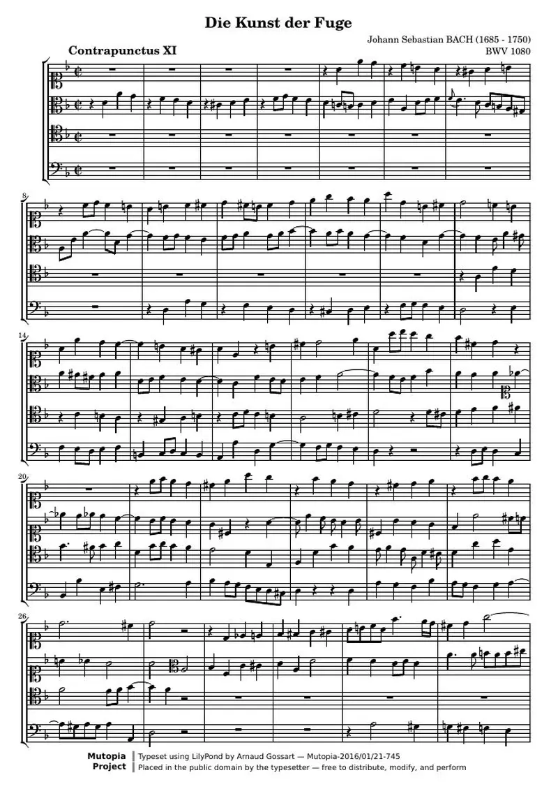 Первая страница нот «Die Kunst der Fuge, Contrapunctus XI (BWV 1080)»