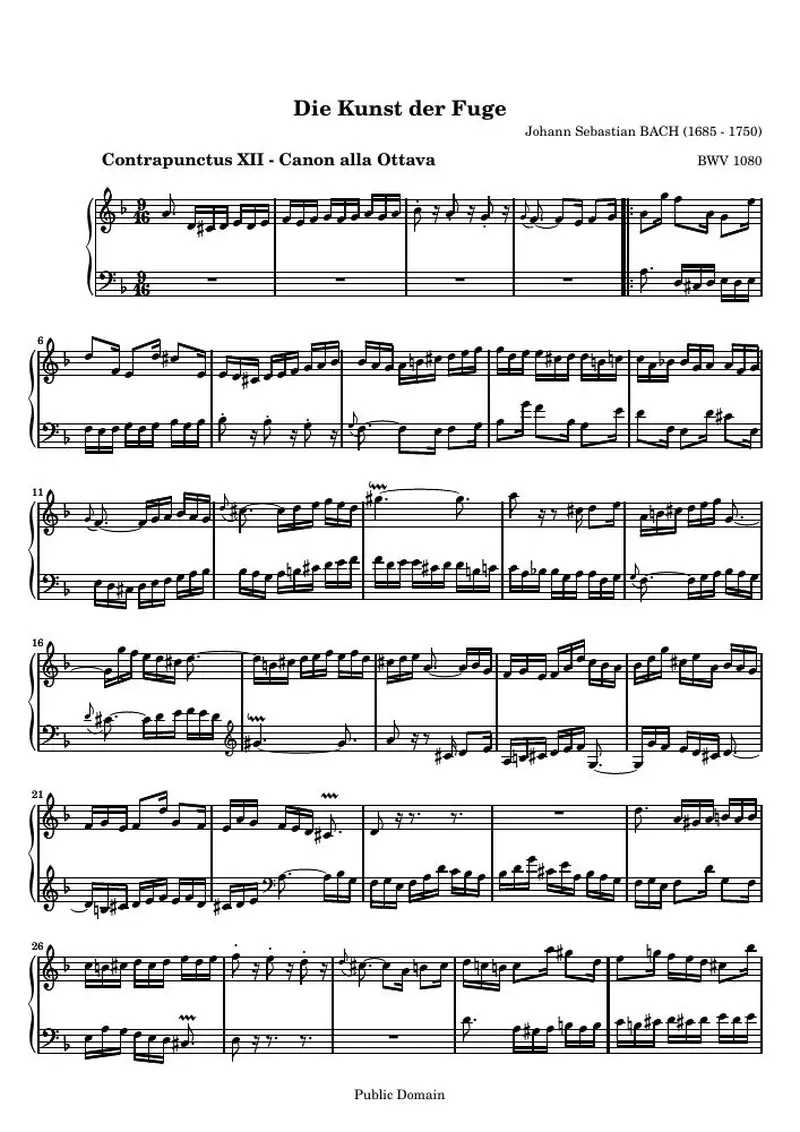 Первая страница нот «Die Kunst der Fuge, Contrapunctus XII - Канон alla Ottava (BWV 1080)»
