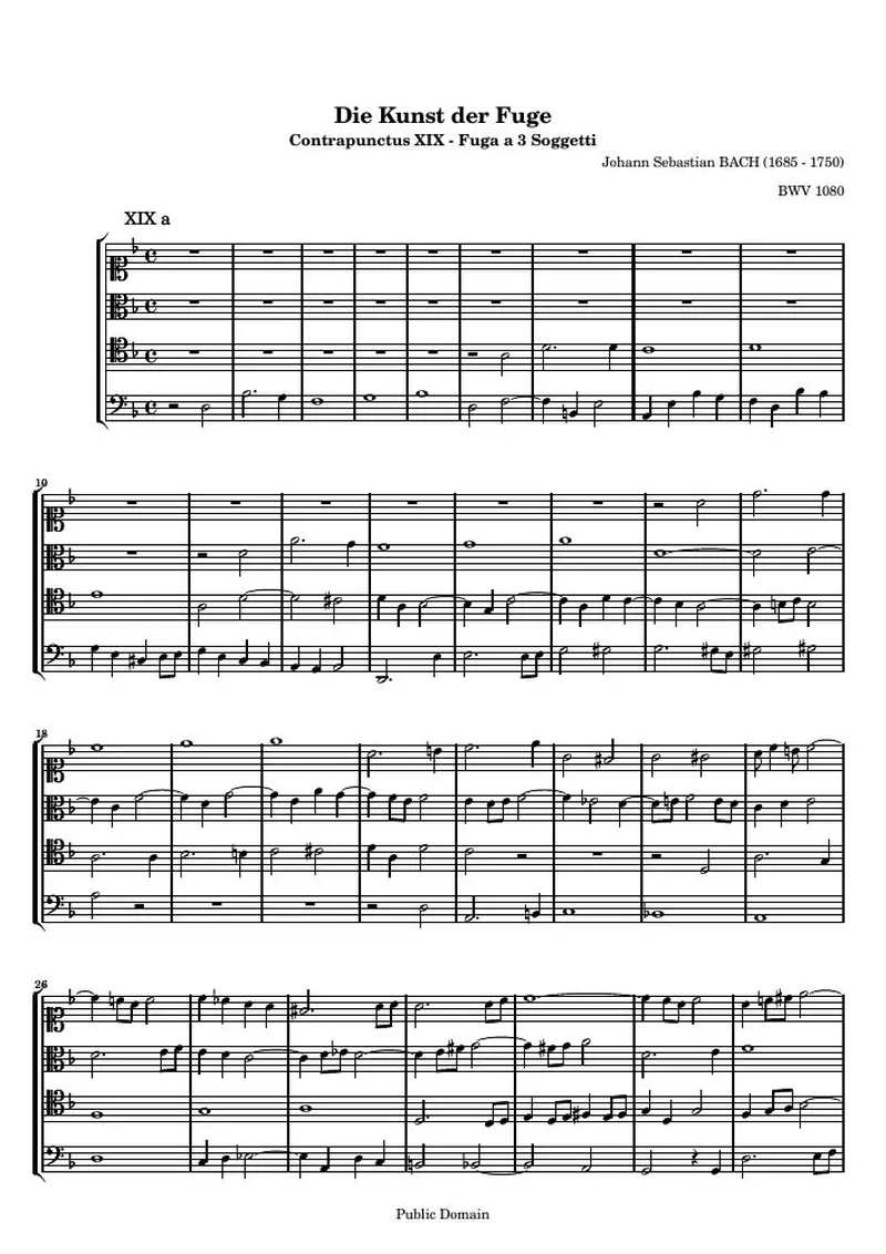 Первая страница нот «Die Kunst der Fuge, Contrapunctus XIX, Fuga a 3 Soggetti (BWV 1080)»