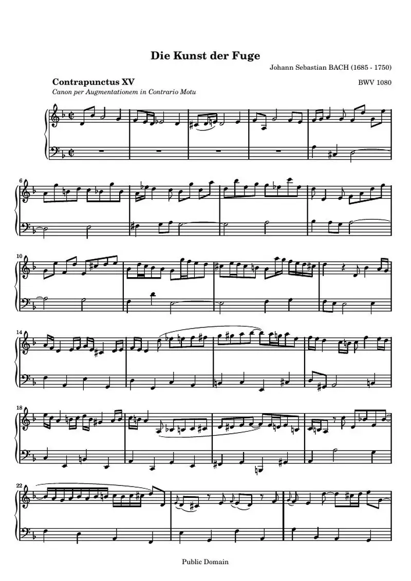Первая страница нот «Die Kunst der Fuge, Contrapunctus XV - Канон per Augmentationem Contrario Motu (BWV 1080)»