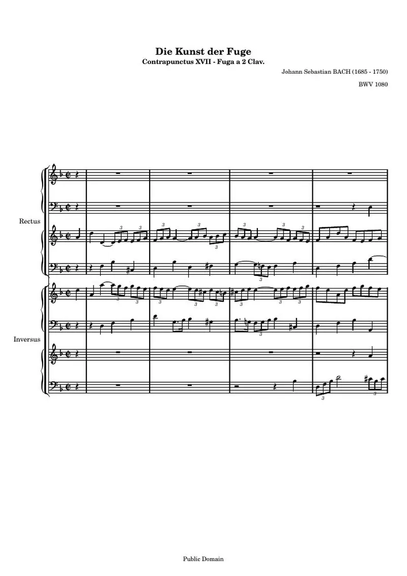 Первая страница нот «Die Kunst der Fuge, Contrapunctus XVII - Fuga a 2 Clav. (rectus, inversus) (BWV 1080)»