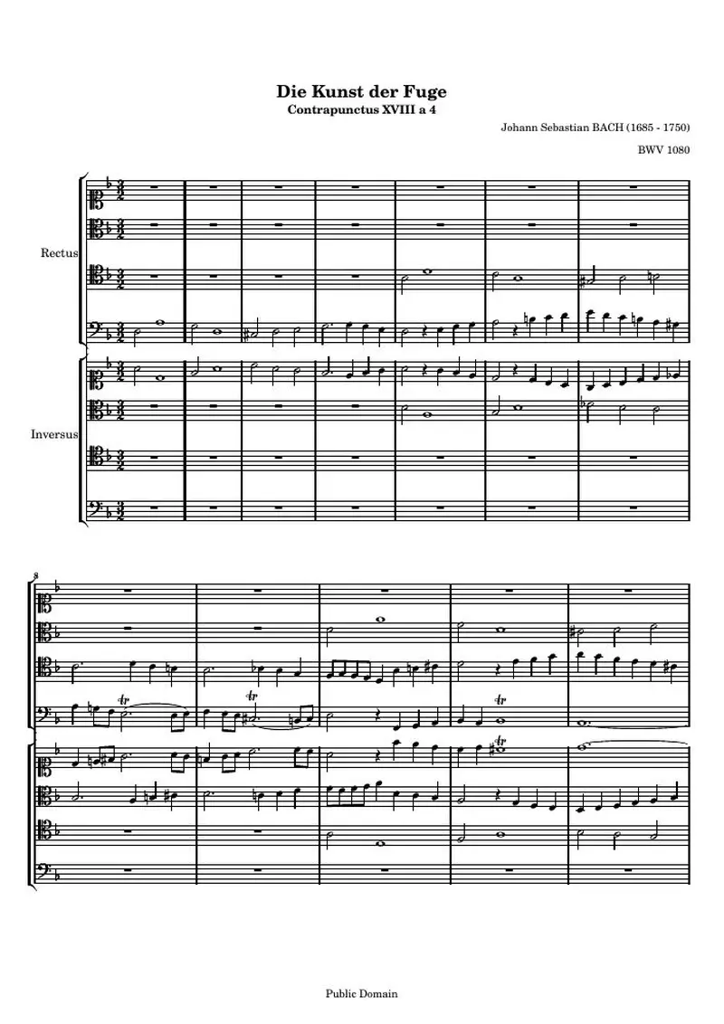 Первая страница нот «Die Kunst der Fuge, Contrapunctus XVIII a 4 (rectus, inversus) (BWV 1080)»