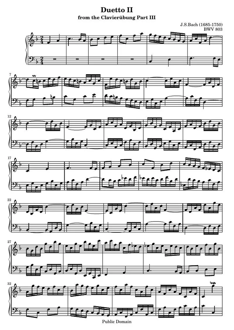 Первая страница нот «Duetto II (from the Clavierübung Part III)»