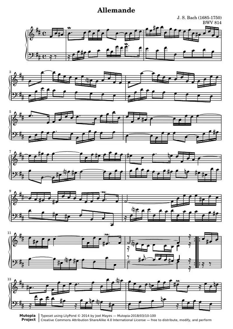 Первая страница нот «French Сюита no. 3 B минор (BWV 814) — bach-french-Сюита-3-Аллеманда»