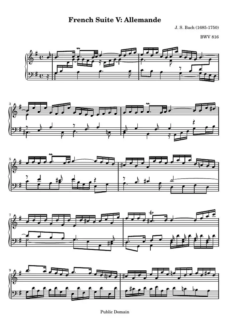 Первая страница нот «French Сюита no. 5 G major (BWV 816) — french-Сюита-5-Аллеманда»