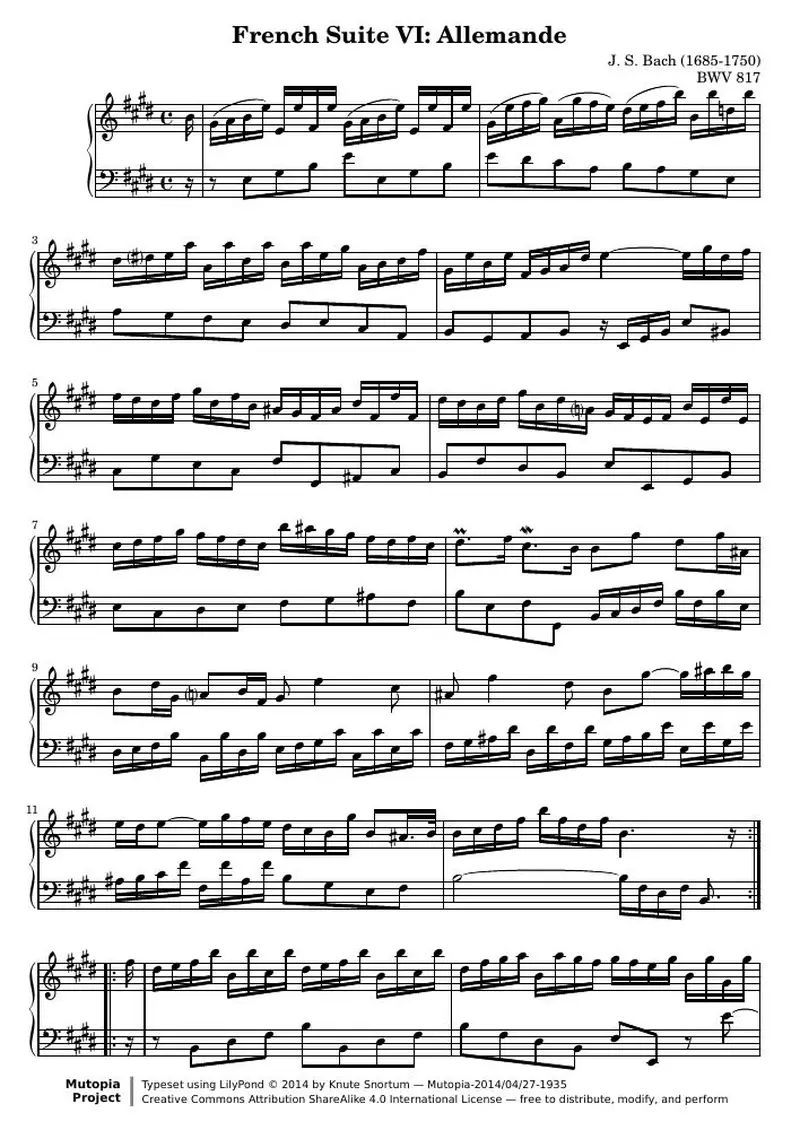 Первая страница нот «French Сюита no. 6 E major (BWV 817) — bach-french-Сюита-6-Аллеманда»