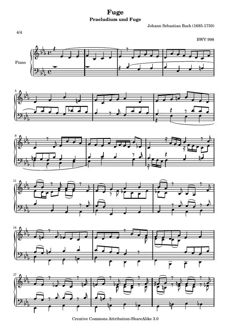 Первая страница нот «Fuge Es-Dur BWV 998 (BWV 998)»