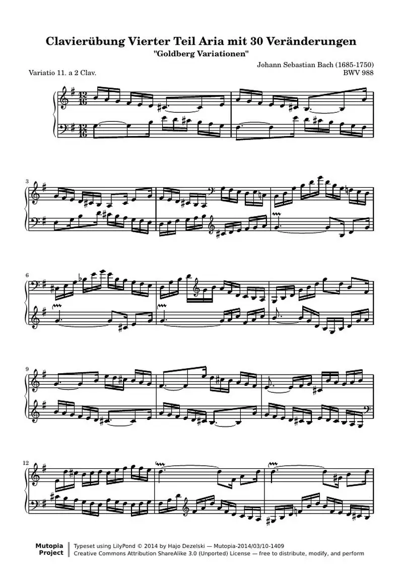 Первая страница нот «Гольдберг-вариации - 11 (BWV 988)»